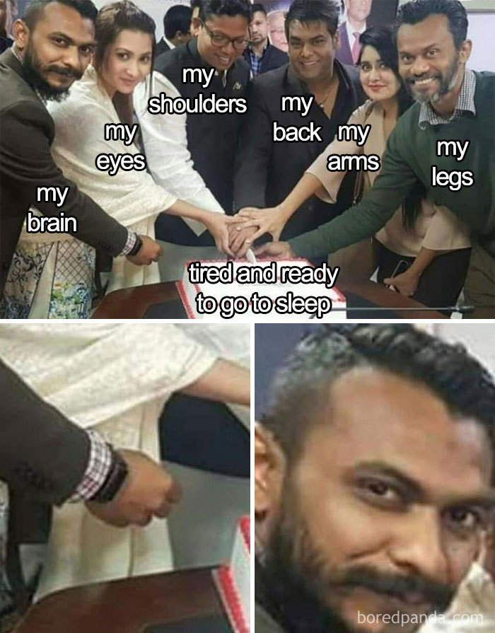 Group of people cutting a cake labeled with body parts, symbolizing tiredness and sleep in a funny meme.
