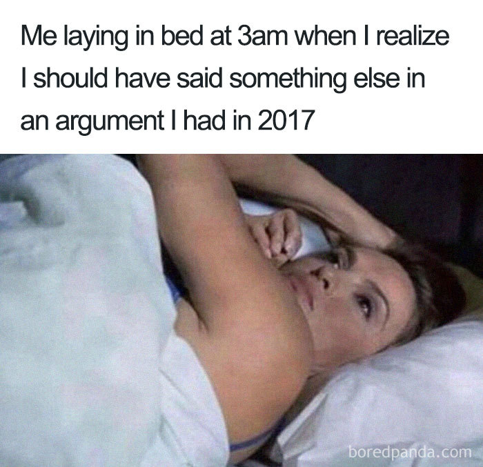 Funny sleeping meme of a woman lying awake at 3am, reflecting on a past argument.