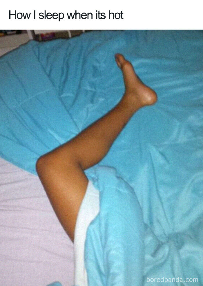 Sleeping meme showing a person with one leg out of the blanket in a hot setting.
