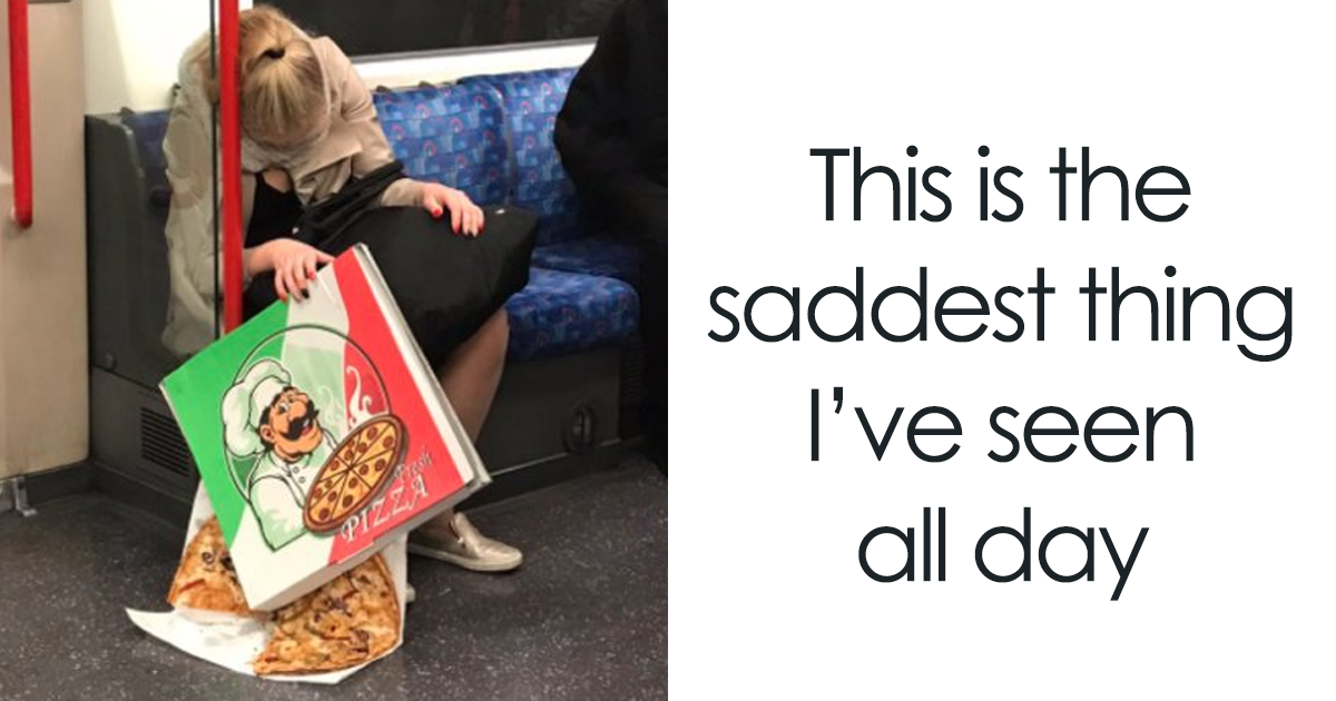Woman sleeping on train seat holding a large pizza box with spilled pizza slices, funny sleeping memes theme.