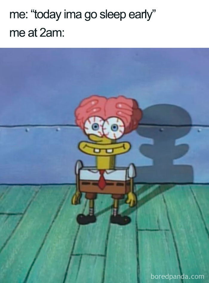 SpongeBob SquarePants with bloodshot eyes and exposed brain, illustrating a funny sleeping meme about staying up late.
