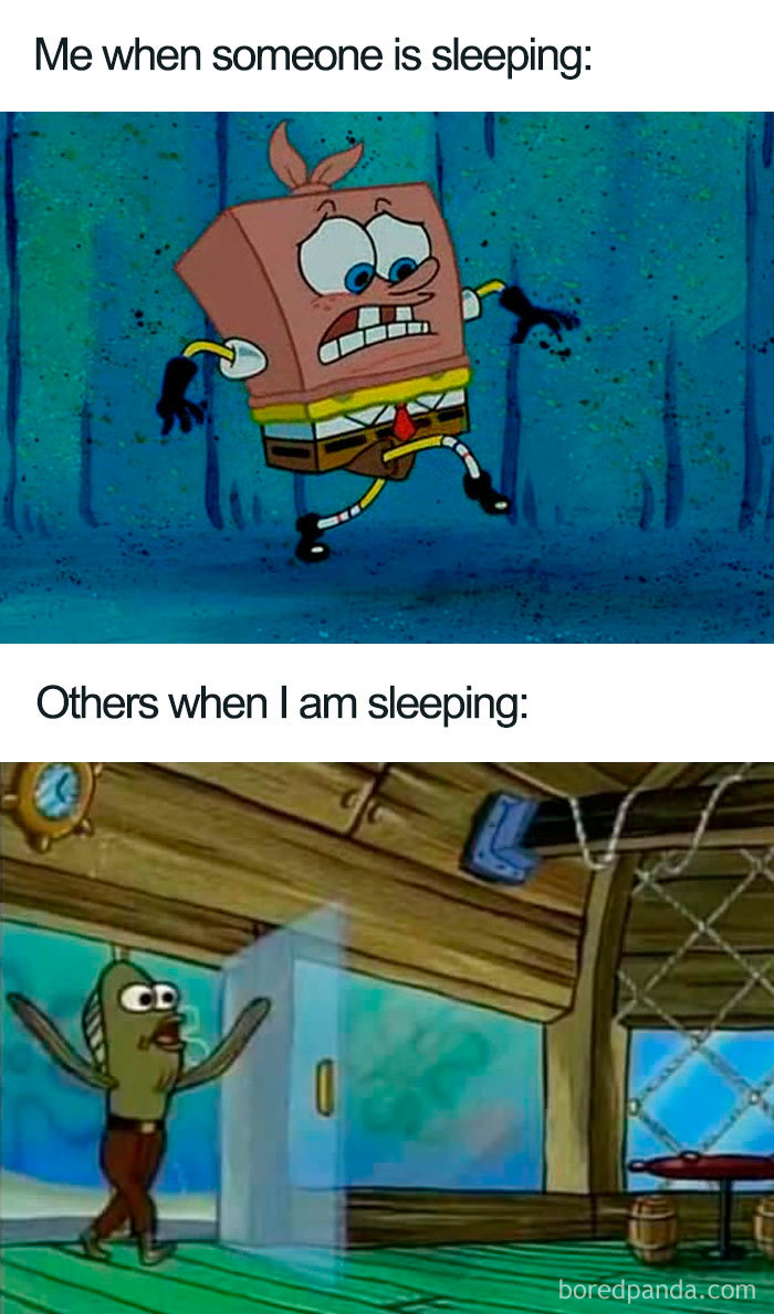 Cartoon meme contrasting reactions to sleeping, featuring a startled and a carefree character.
