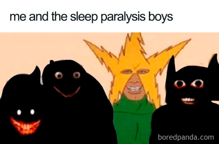 Meme featuring distorted cartoon characters representing sleep paralysis boys in a funny sleeping meme scene.