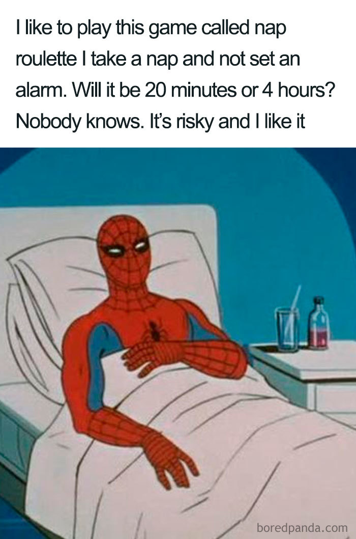 Spider-Man in bed with a humorous caption about risky sleeping habits, representing funny sleeping memes.