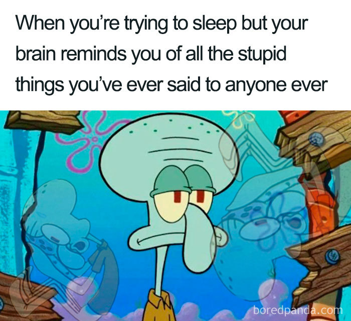 Squidward looking annoyed with multiple translucent versions of himself in the background, captioned with a funny sleeping meme text.