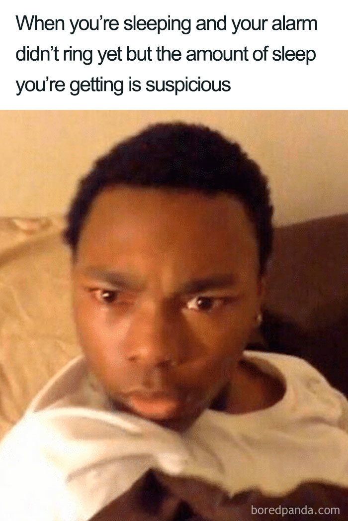 Confused man in bed, funny sleeping meme questioning unexpected sleep duration.