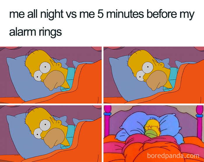 Funny sleeping meme showing a cartoon character struggling with sleep before the alarm rings.
