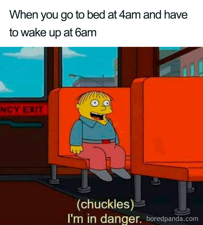 Cartoon character sitting on a bus seat, illustrating the humor of lack of sleep in funny sleeping memes.