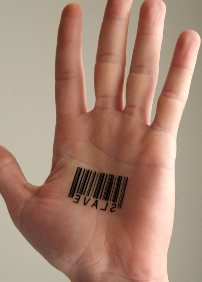 Barcode tattoo on a palm with the word "s***e" incorporated, showcasing unique palm tattoo design.