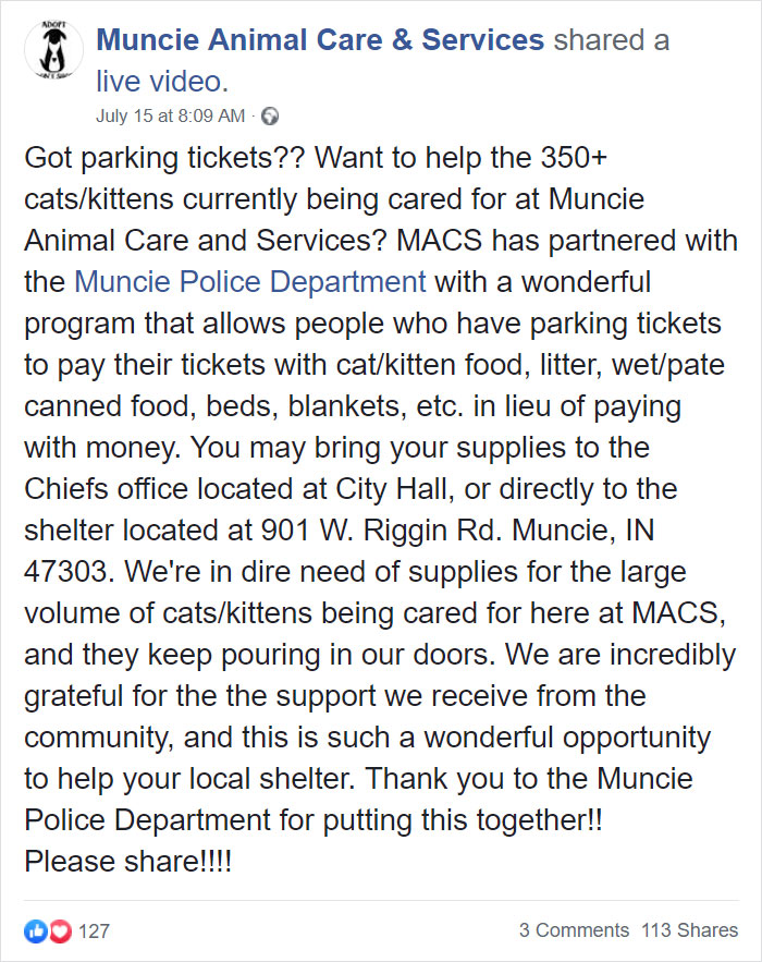 Indiana City Police Department Allows People To Pay Off Their Parking Tickets By Donating Cat Food Indiana City Police Department Allows People To Pay Off Their Parking Tickets By Donating Cat Food