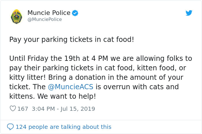 Indiana City Police Department Allows People To Pay Off Their Parking Tickets By Donating Cat Food Indiana City Police Department Allows People To Pay Off Their Parking Tickets By Donating Cat Food