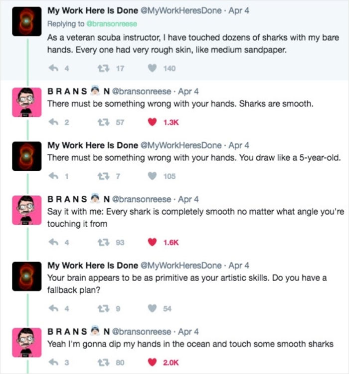 Comic conversation debating sharks' skin texture, with humorous trolling about their smoothness.