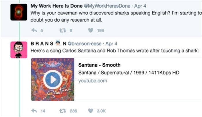 Comic responses about sharks featuring humorous exchanges and a reference to a Santana and Rob Thomas song.