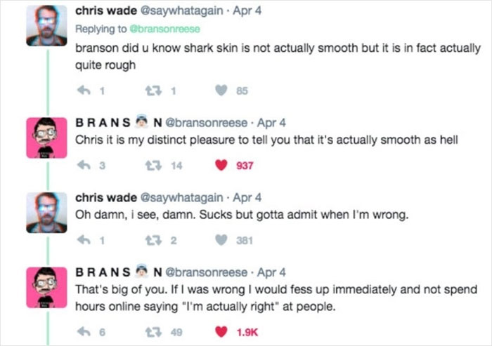 Comic exchange about shark skin, with artist humorously defending his claim despite corrections from others.