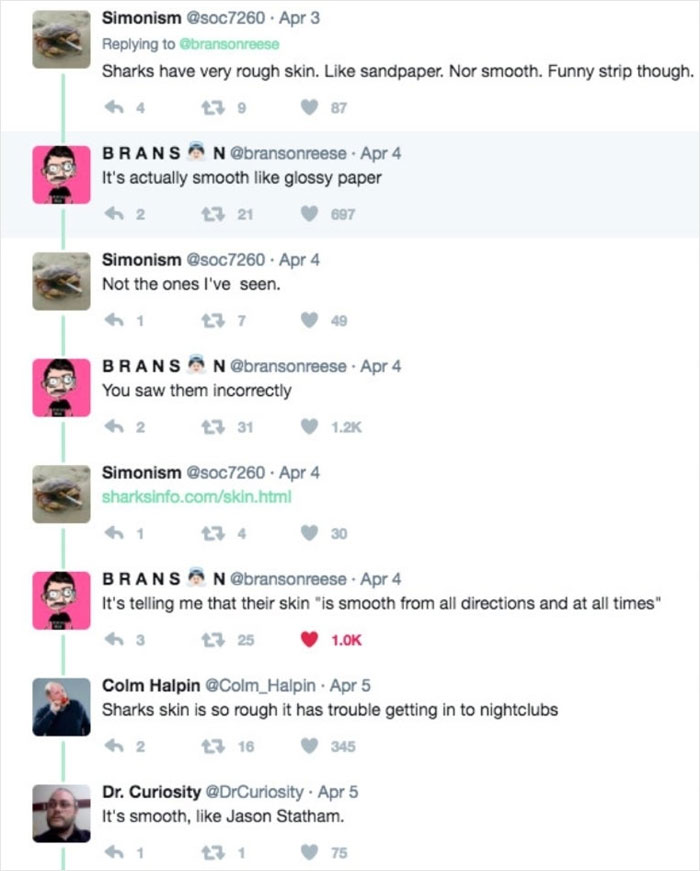 Artist trolls comments about sharks' skin texture on Twitter, humorously insisting on smoothness despite evidence.