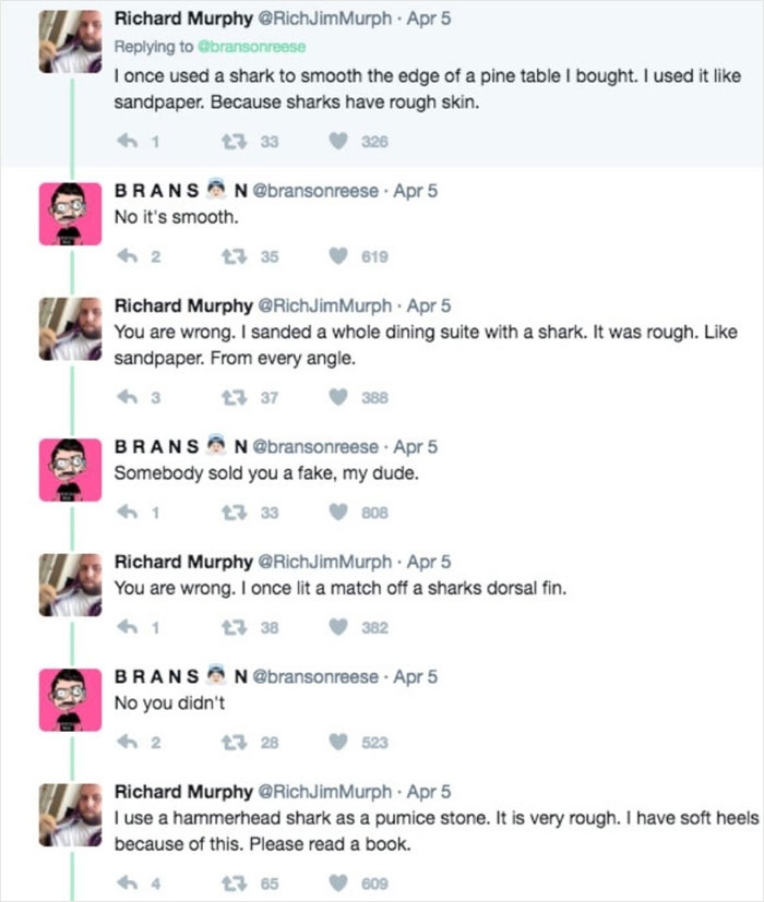 Comic exchange about sharks as sandpaper, with artist humorously denying mistakes, trolling critics in a funny debate.