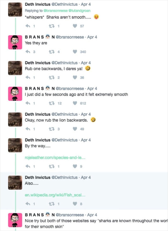 Comic exchange humorously debating sharks' smoothness, with artist playfully trolling.