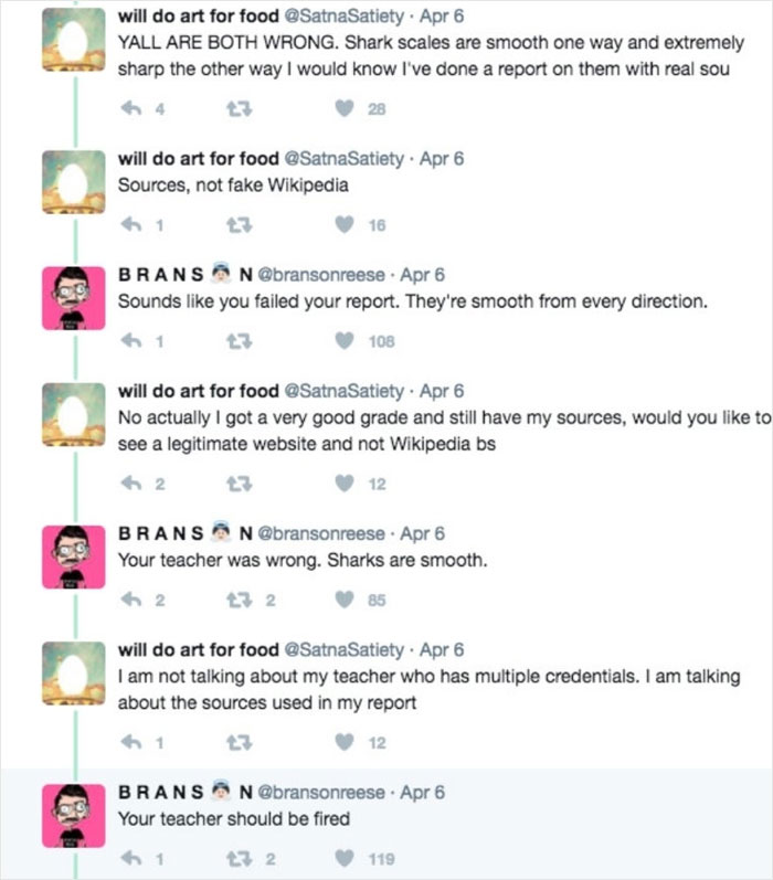 Twitter conversation between users debating shark scales, with artist humorously insisting sharks are smooth.