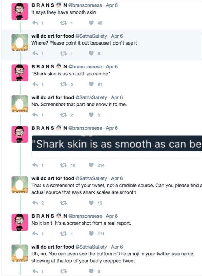 Comic exchange with artist humorously refusing to admit a mistake about sharks having smooth skin.