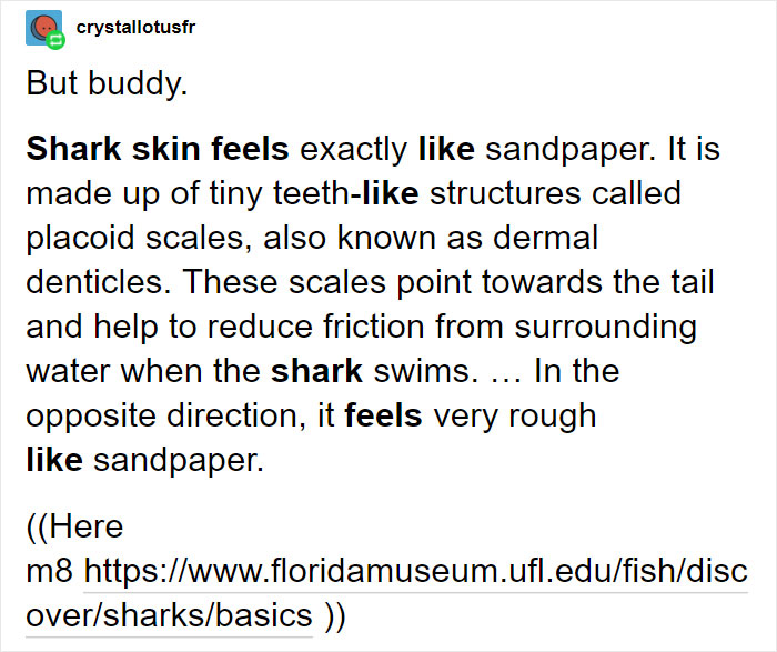 Text explaining how shark skin feels like sandpaper, with a reference link included.