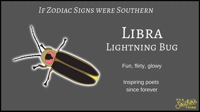 Illustration of a Southern version of zodiac signs showing Libra as a fun, flirty, glowy lightning bug.