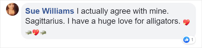Comment about agreeing with Southern zodiac signs, mentioning Sagittarius and love for alligators with emoji reactions.
