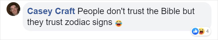 Comment mentioning trust in zodiac signs over the Bible, reflecting humor related to southern zodiac signs. Comment mentioning trust in zodiac signs over the Bible, reflecting humor related to southern zodiac signs.