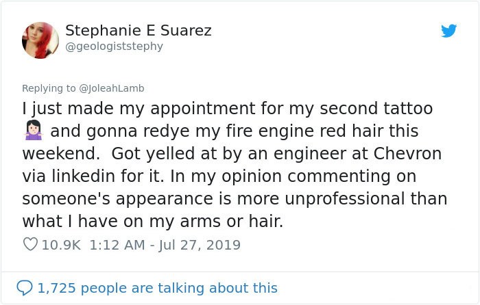 Engineer Calls This Scientist 'Unprofessional' Because Of Her Red Hair And Tattoos, She Bashes Him On Twitter Engineer Calls This Scientist 'Unprofessional' Because Of Her Red Hair And Tattoos, She Bashes Him On Twitter