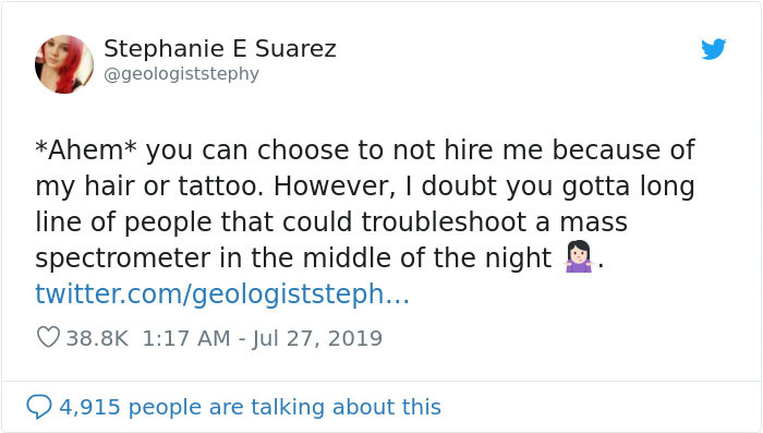 Engineer Calls This Scientist 'Unprofessional' Because Of Her Red Hair And Tattoos, She Bashes Him On Twitter Engineer Calls This Scientist 'Unprofessional' Because Of Her Red Hair And Tattoos, She Bashes Him On Twitter