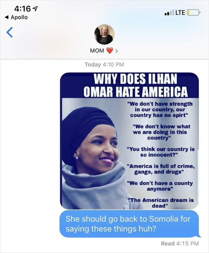 Mom Falls For 'Ilhan Omar Meme' That Her Child Sent, And People Are Saying It's The Best Way To Troll Trump Supporters Mom Falls For 'Ilhan Omar Meme' That Her Child Sent, And People Are Saying It's The Best Way To Troll Trump Supporters