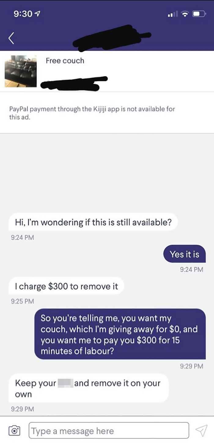 My Friend Was Trying To Give Away His Couch And Got This Lovely "Offer"