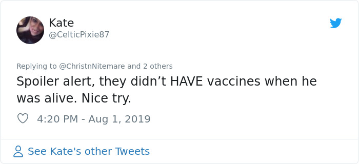 26 Responses People Had To This Anti-Vaxxer Proudly Wearing A 'Jesus Wasn’t Vaccinated' T-Shirt 26 Responses People Had To This Anti-Vaxxer Proudly Wearing A 'Jesus Wasn’t Vaccinated' T-Shirt
