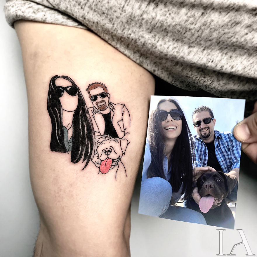 Tattoo of a couple and dog by a Turkish tattoo artist, inspired by a photo, showcased on a person's leg.