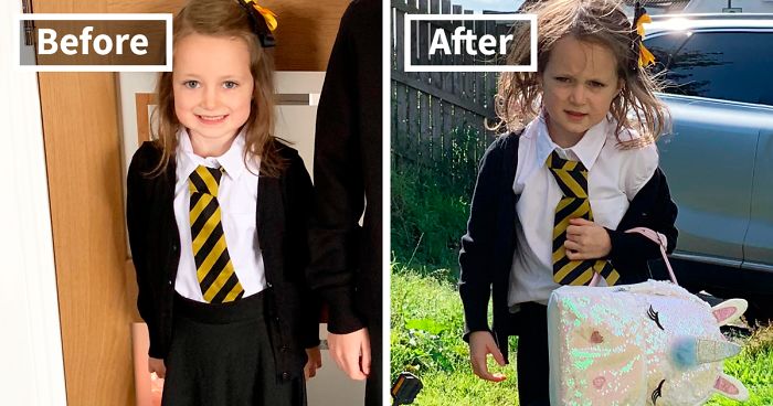 27 Hilarious Pics Of Kids Before & After Their First Day Of School