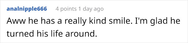 Online comment expressing support for a former skinhead's life transformation.