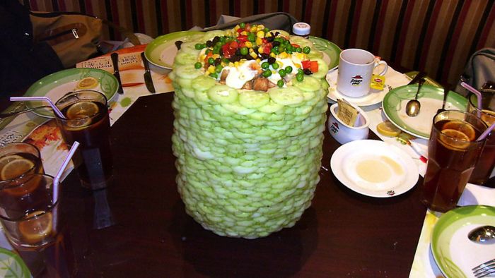 Guy Exploits Wendy's All-you-can-eat Buffet By Making A Foot-Tall Cucumber Bowl, Gets Rewarded By A Manager