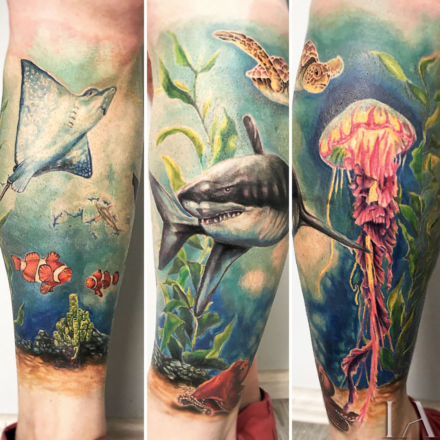 Colorful animal tattoos featuring sea creatures like sharks and jellyfish by a Turkish tattoo artist.