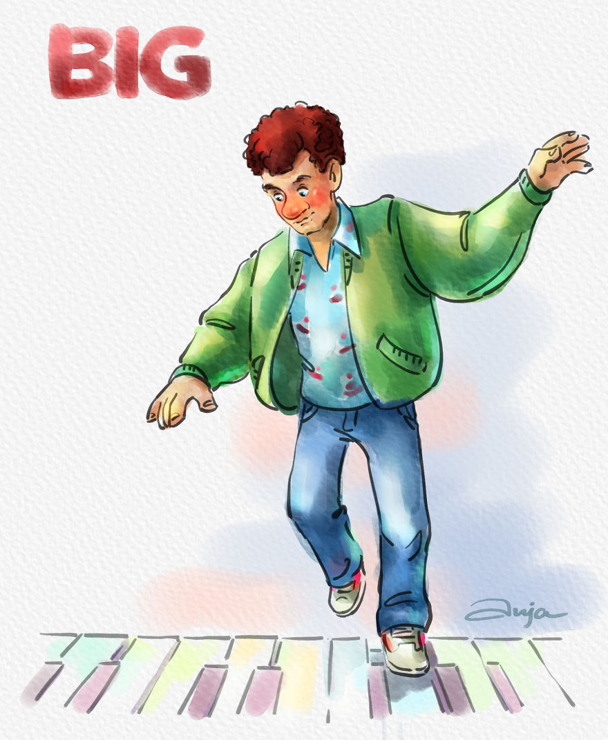 Cartoon illustration of an iconic Tom Hanks character playing a giant piano keyboard, inspired by the movie Big.