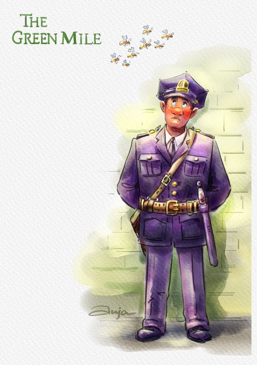 Cartoon illustration of iconic Tom Hanks character in a police uniform from The Green Mile with bees flying above. Cartoon illustration of iconic Tom Hanks character in a police uniform from The Green Mile with bees flying above.