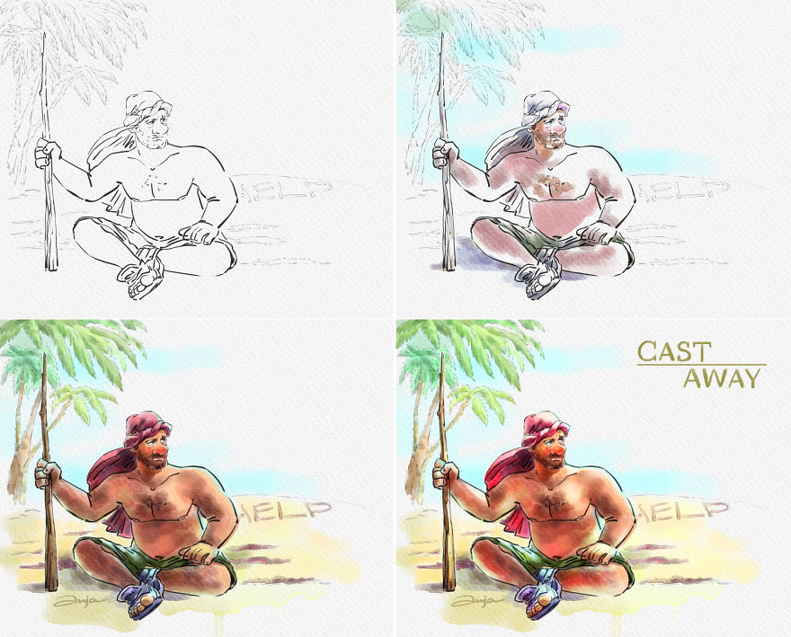 Progressive cartoon illustration of a Tom Hanks castaway character sitting on a beach holding a stick with help written in the sand.