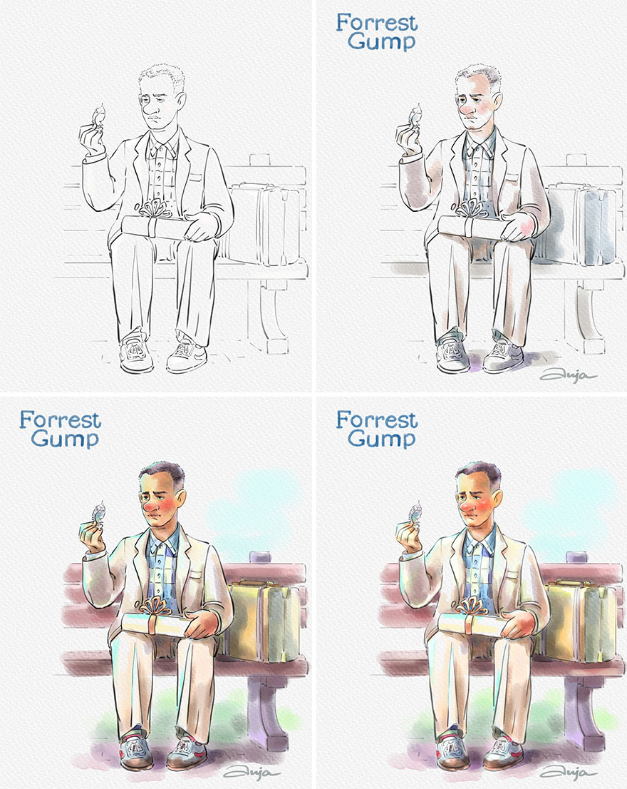 Forrest Gump cartoon illustration showing progressive coloring of Tom Hanks' iconic character holding a box and candy on a bench.
