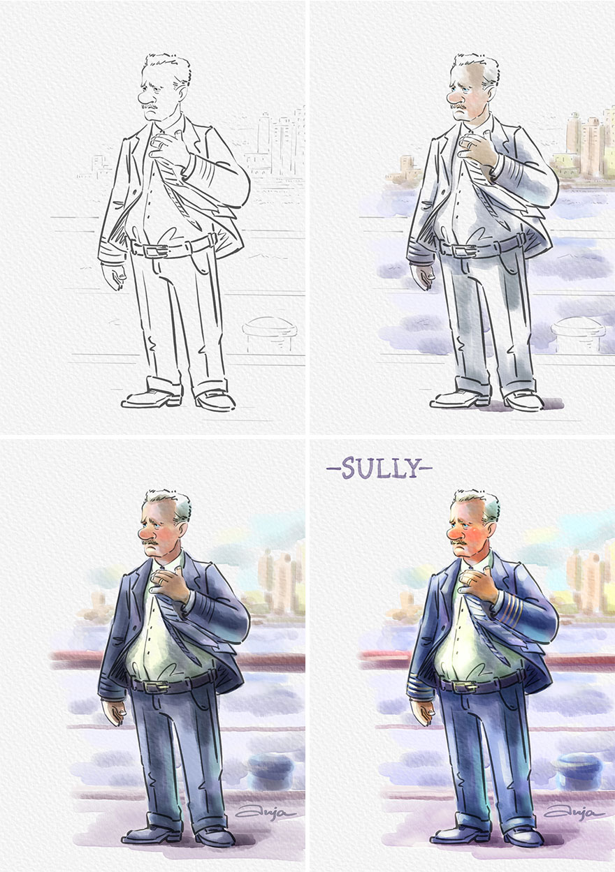 Cartoon transformation of iconic Tom Hanks character Sully in four stages from sketch to full color illustration.