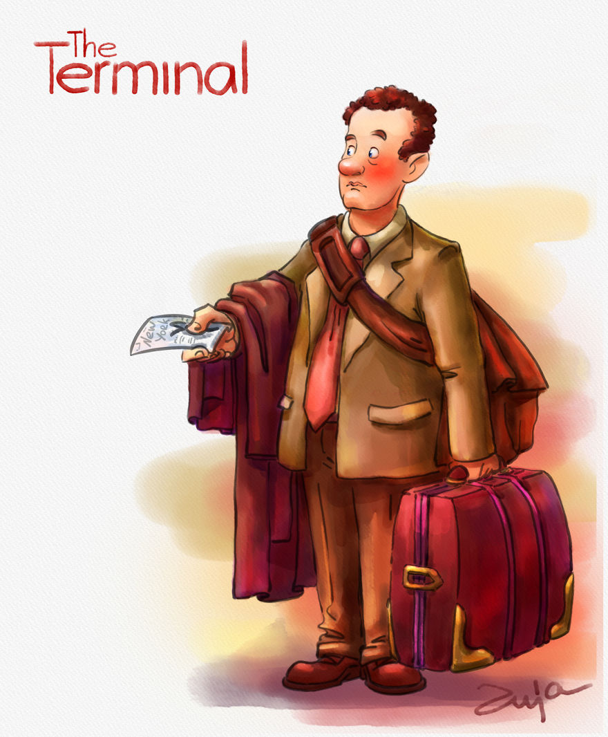 Cartoon illustration of an iconic Tom Hanks character from The Terminal holding a suitcase and a small paper.