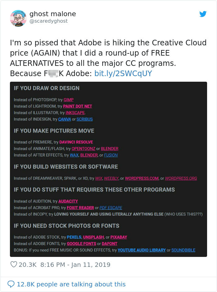 Person Tired Of Adobe Increasing The Prices Of Their Programs Posts List Of Free Alternatives