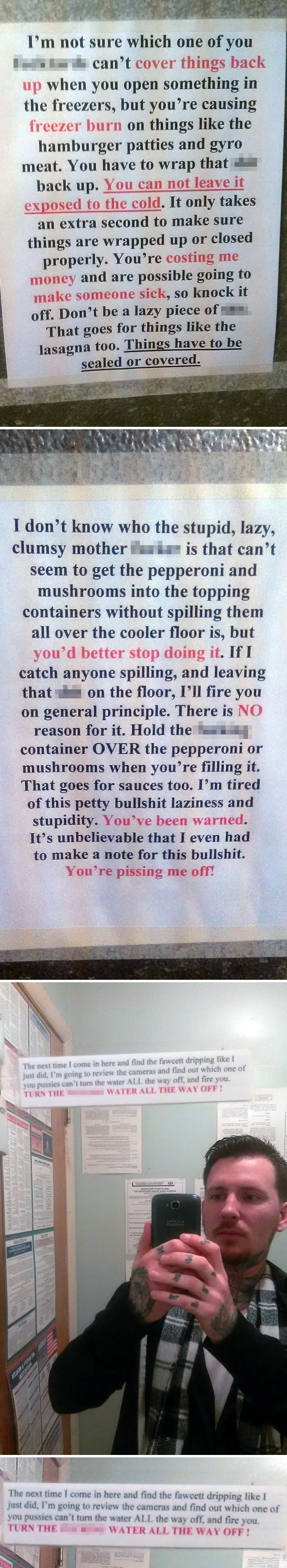 I Work In An Italian Restaurant. These Are The Notes Of Encouragement(?) That My Boss Regularly Posts Around The Place. I Love Working For Him