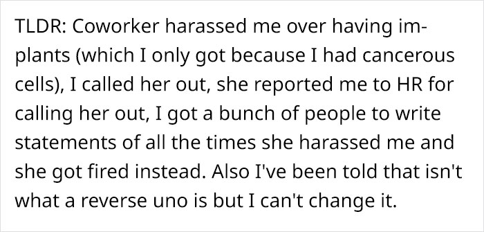 Woman Gets Revenge On A Co-Worker That Bullied Her For Months For Having Breast Implants Woman Gets Revenge On A Co-Worker That Bullied Her For Months For Having Breast Implants