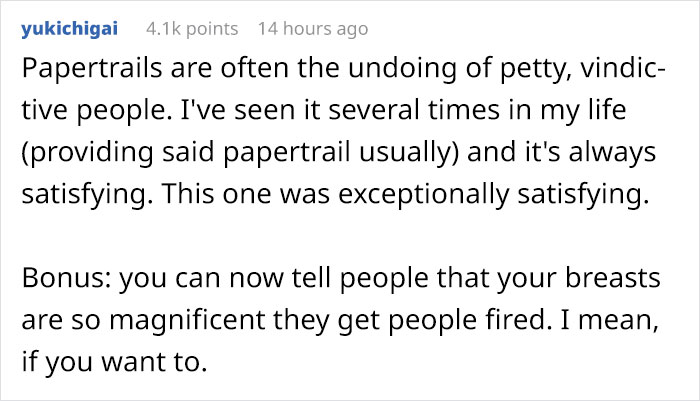Woman Gets Revenge On A Co-Worker That Bullied Her For Months For Having Breast Implants