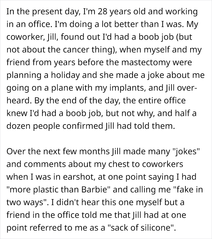 Woman Gets Revenge On A Co-Worker That Bullied Her For Months For Having Breast Implants Woman Gets Revenge On A Co-Worker That Bullied Her For Months For Having Breast Implants