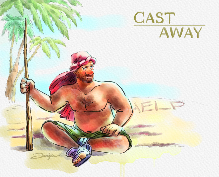 Cartoon illustration of iconic Tom Hanks character from Cast Away sitting on a beach with palm trees and HELP written in sand. Cartoon illustration of iconic Tom Hanks character from Cast Away sitting on a beach with palm trees and HELP written in sand.