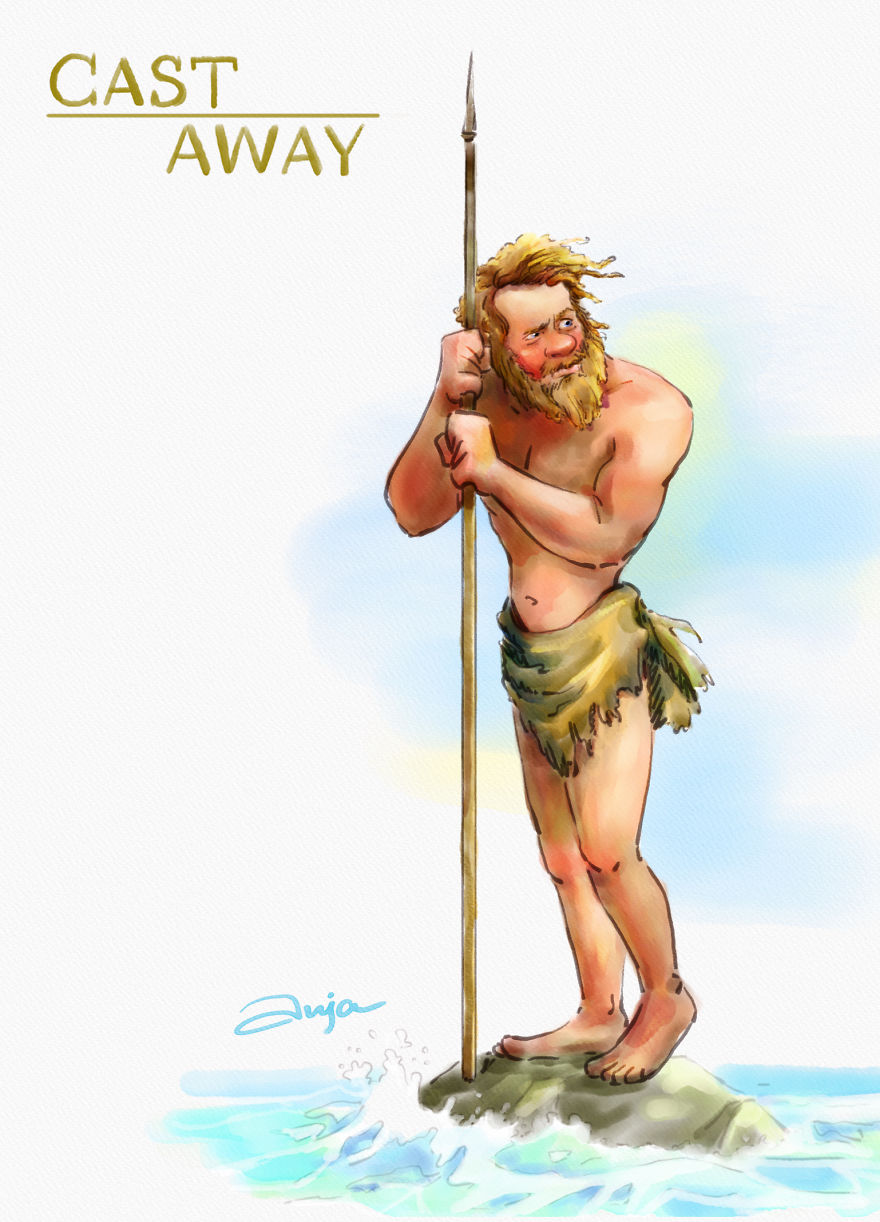 Cartoon illustration of an iconic Tom Hanks character from Cast Away holding a spear on a small island rock. Cartoon illustration of an iconic Tom Hanks character from Cast Away holding a spear on a small island rock.